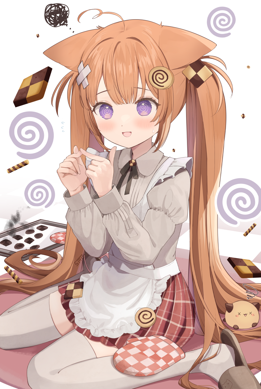 1girl, @_@, ahoge, animal_ears, apron, baking_sheet, bandaid, bandaid_on_head