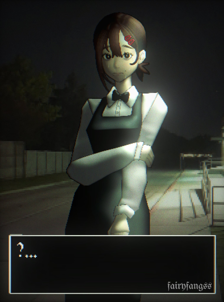 ..., 1girl, ?, apron, artist_name, black_apron, black_bow, black_bowtie, black_eyes, bow, bowtie, brown_hair, chainsaw_man, collared_shirt, dialogue_box, english_commentary, fairyfangss, hair_ornament, hairclip, higashiyama_kobeni, highres, mole, mole_on_cheek, mole_under_eye, mole_under_mouth, night, shirt, short_ponytail, single_sidelock, solo, sweat, user_interface, video_game, white_shirt