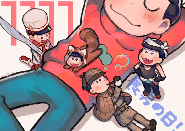>_<, 5boys, arms_behind_head, belt, belt_buckle, black_hair, black_pants, black_socks