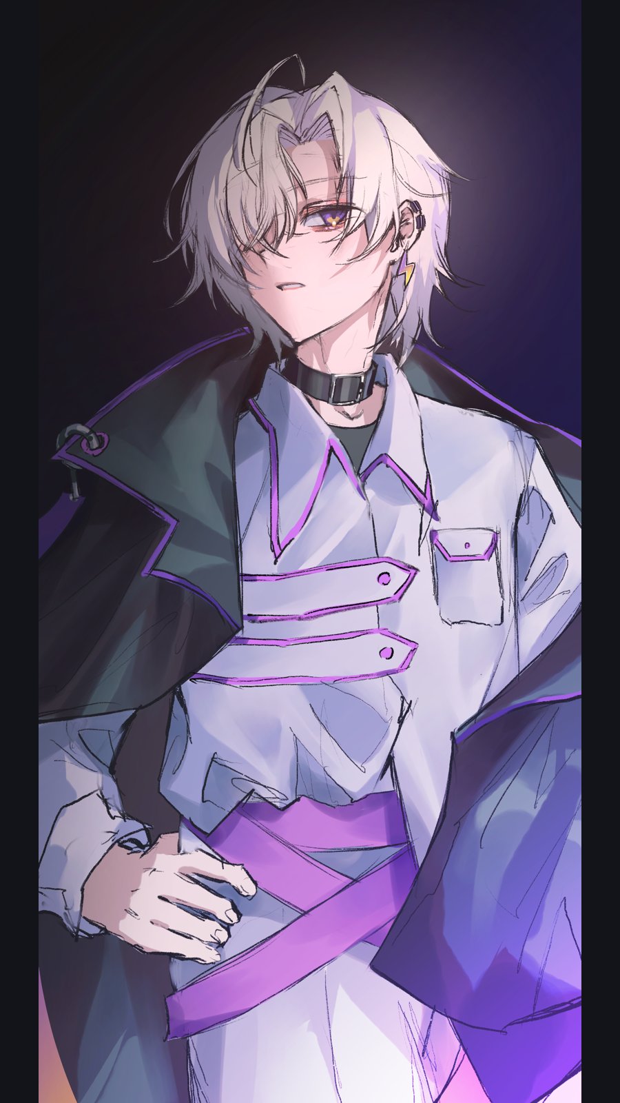 1boy, black_choker, black_cloak, borrowed_character, choker, cloak, coat, earrings, hair_over_one_eye, highres, jewelry, lightning_bolt_earrings, lightning_bolt_symbol, long_sleeves, luciel_(lucielellis), male_focus, open_cloak, open_clothes, original, parted_lips, pillarboxed, solo, upper_body, violet_eyes, white_coat, white_hair