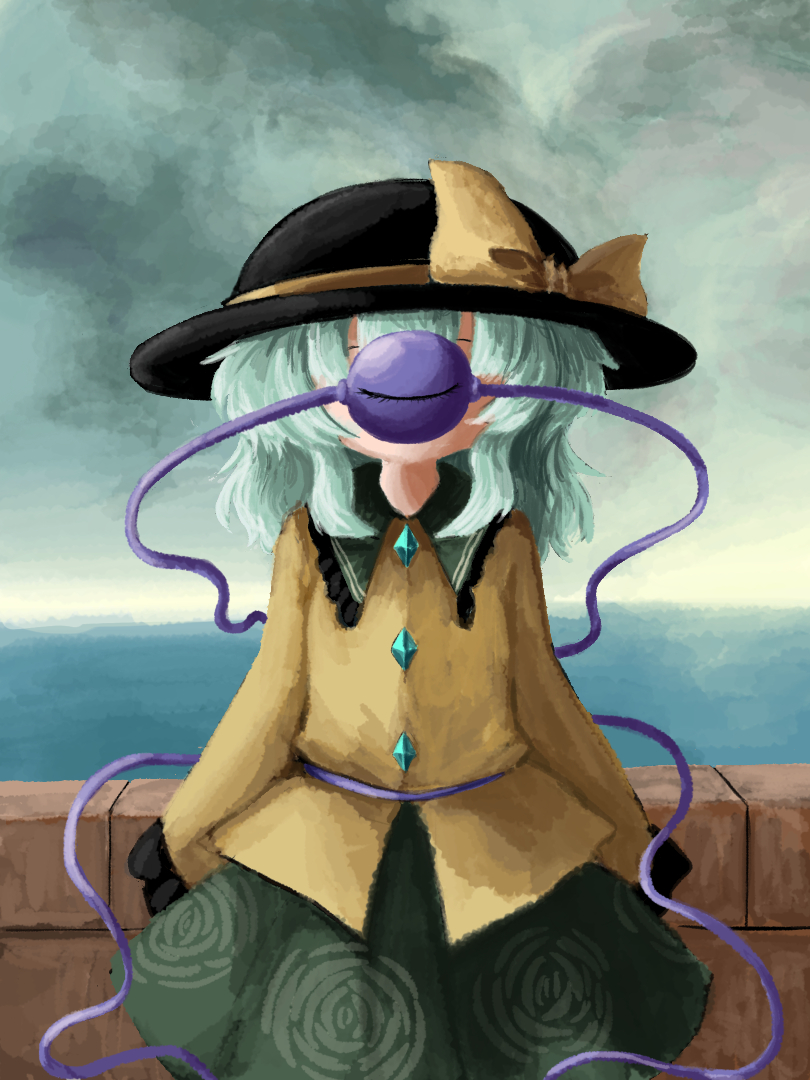 1girl, aqua_hair, arms_at_sides, blouse, bow, bowler_hat, clouds, cloudy_sky