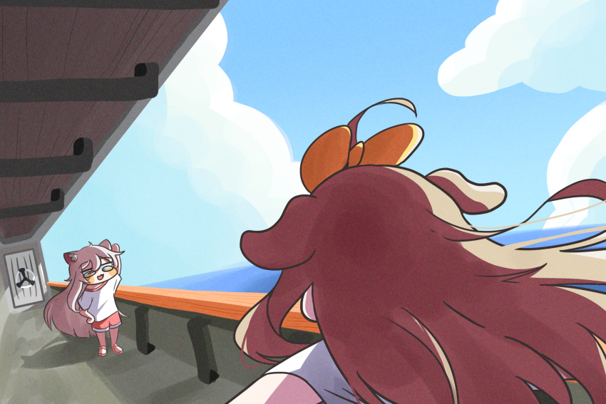 2girls, ahoge, animal_ear_fluff, animal_ears, arm_up, bow, brown_eyes, brown_hair