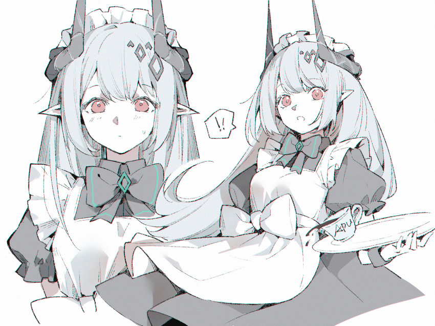 !, !!, 1girl, alternate_costume, apron, apu-chm, arknights, black_bow