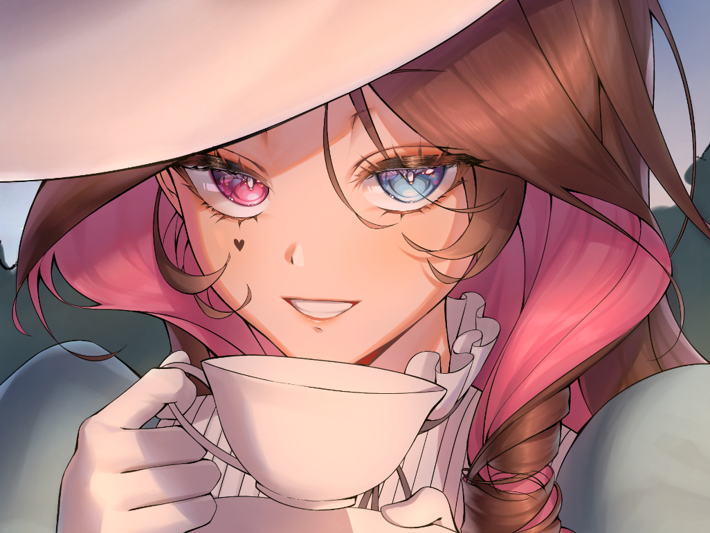 1girl, blue_eyes, brown_hair, colored_inner_hair, cup, facial_mark, gloves, hat