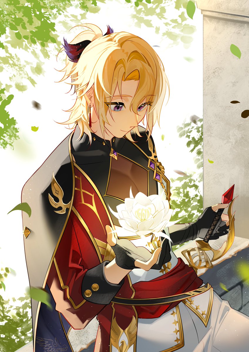 1boy, against_railing, black_cape, black_gloves, black_shirt, blonde_hair, cape, closed_mouth, coat, commentary, cypar_(noctilucent), earrings, english_commentary, flower, gloves, hair_between_eyes, jacket, jewelry, leaf, male_focus, medium_hair, noctilucent:_before_dawn, official_art, pants, railing, red_coat, see-through_clothes, sheath, sheathed, shirt, smile, solo, violet_eyes, white_flower, white_jacket, white_pants, ylceon