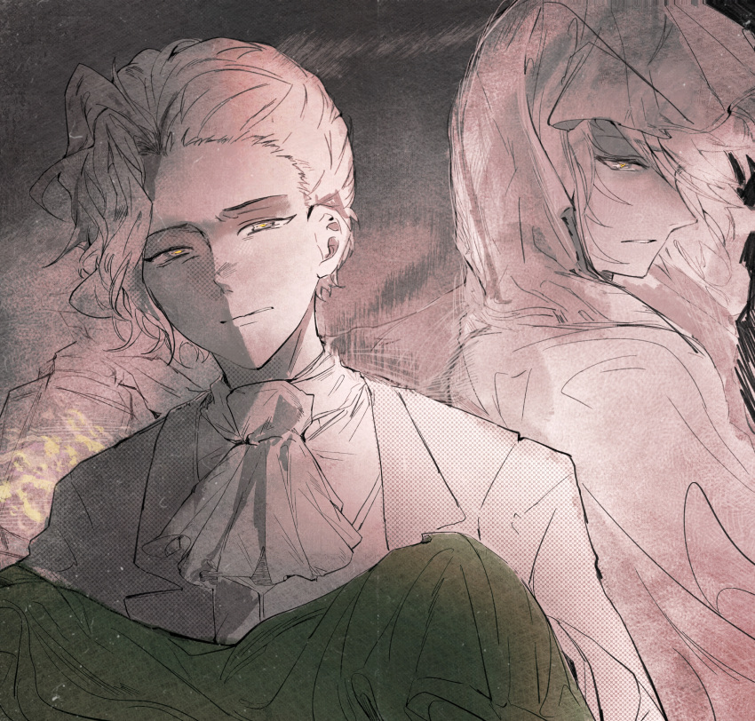 2boys, ascot, asymmetrical_bangs, buyaokaoji, chinese_commentary, commentary_request, harada_mutei, highres