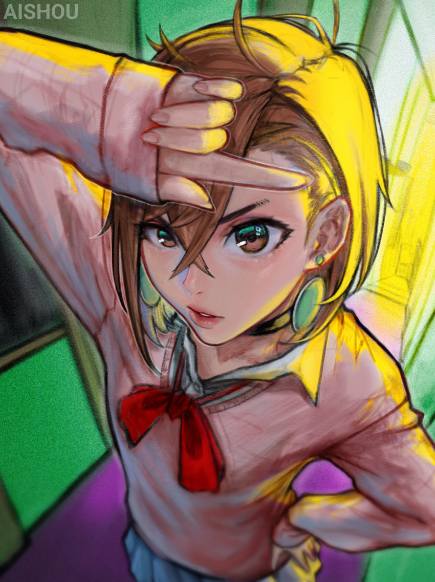 1girl, absurdres, ai_shou, artist_name, ayase_momo, brown_eyes, brown_hair, dandadan