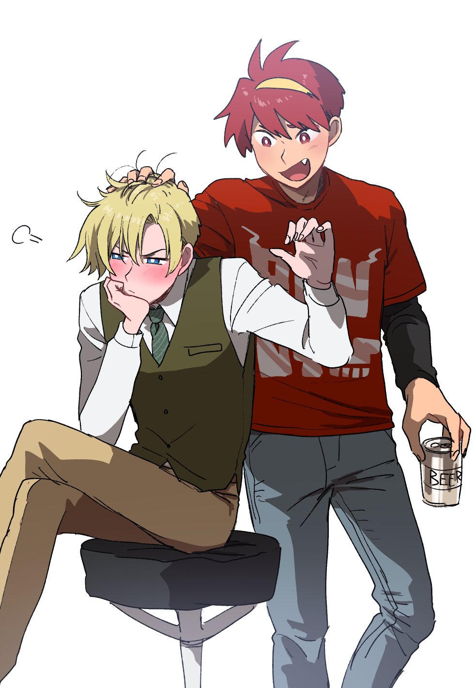 2boys, asadoke_no_majo, beer_can, blonde_hair, can, charlotte_(asadoke_no_majo), drink_can, highres, holding, holding_can, layered_sleeves, long_sleeves, multicolored_hair, multiple_boys, necktie, nogi_shuichi, poreisan_(portrain), red_eyes, redhead, sharp_teeth, short_hair, short_over_long_sleeves, short_sleeves, streaked_hair, teeth, vest