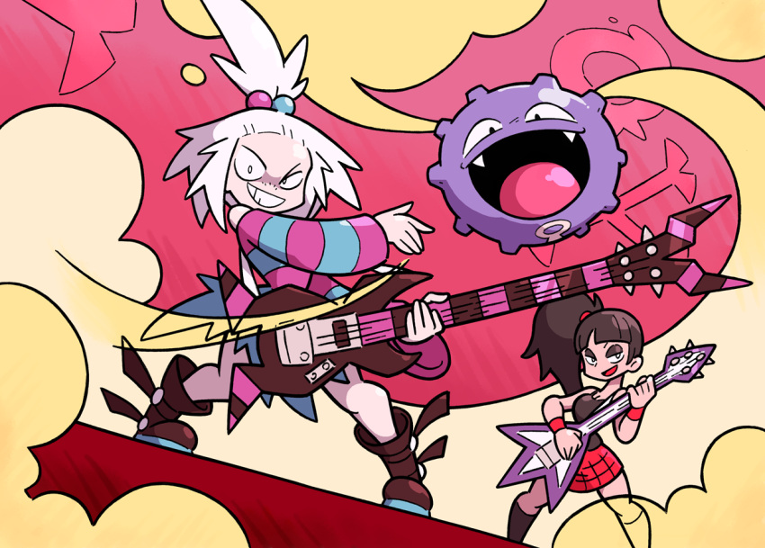 2girls, bangs_pinned_back, boots, brown_footwear, brown_hair, colored_smoke, electric_guitar, gradient_background