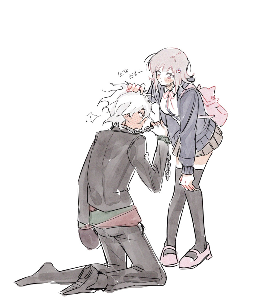 1boy, 1girl, black_thighhighs, blush, brown_skirt, chain, collar, danganronpa_(series)