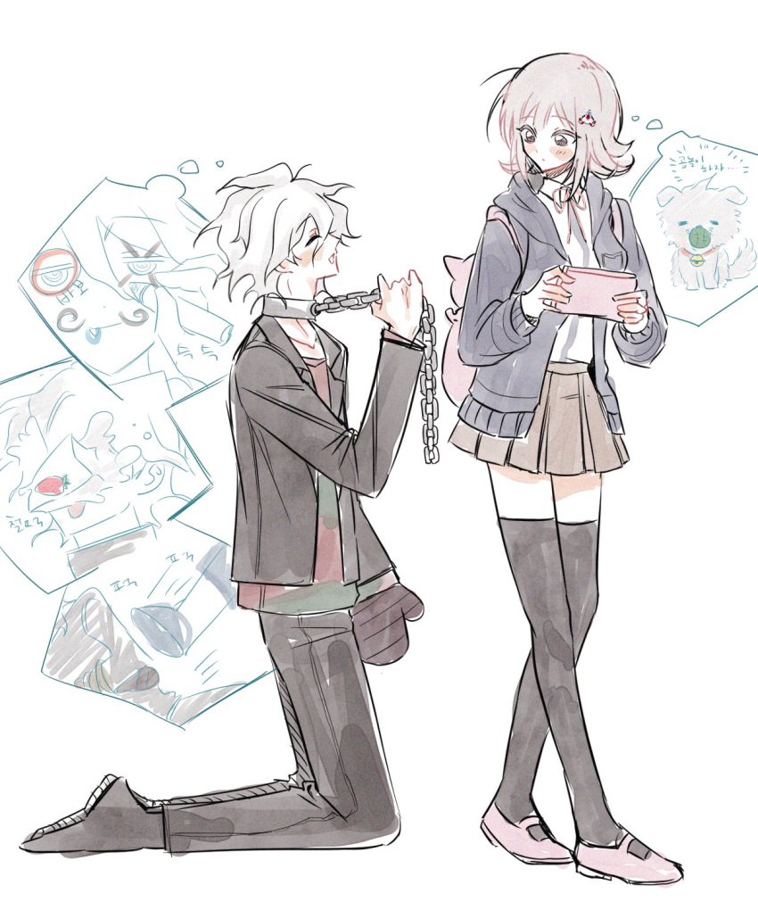 1boy, 1girl, black_thighhighs, brown_skirt, chain, collar, danganronpa_(series), danganronpa_2:_goodbye_despair