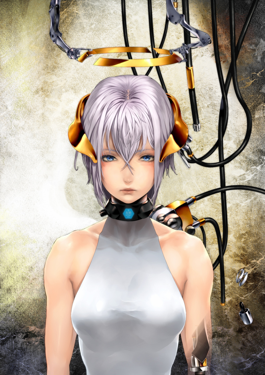 android, bare_shoulders, blue_eyes, bust, cable, collar, highres, kazakami_yuu