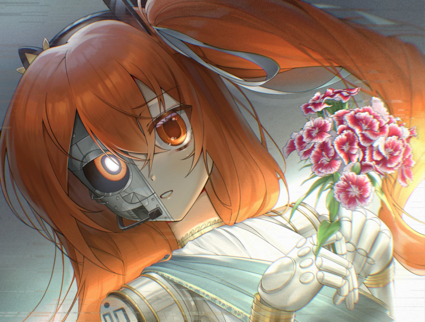 1girl, a.i._voice, adachi_rei, alternate_costume, alternate_hair_length, alternate_hairstyle, flower, hair_between_eyes, headset, highres, holding, holding_flower, long_hair, looking_at_viewer, luciel_(lucielellis), machina_mori_(utau), mechabare, one_side_up, orange_eyes, orange_hair, own_hands_together, parted_lips, red_flower, robot_girl, second-party_source, solo, upper_body, utau