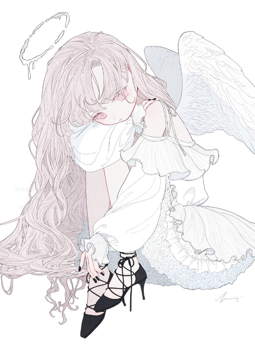 1girl, absurdres, angel, angel_day, angel_wings, bare_shoulders, dress, expressionless