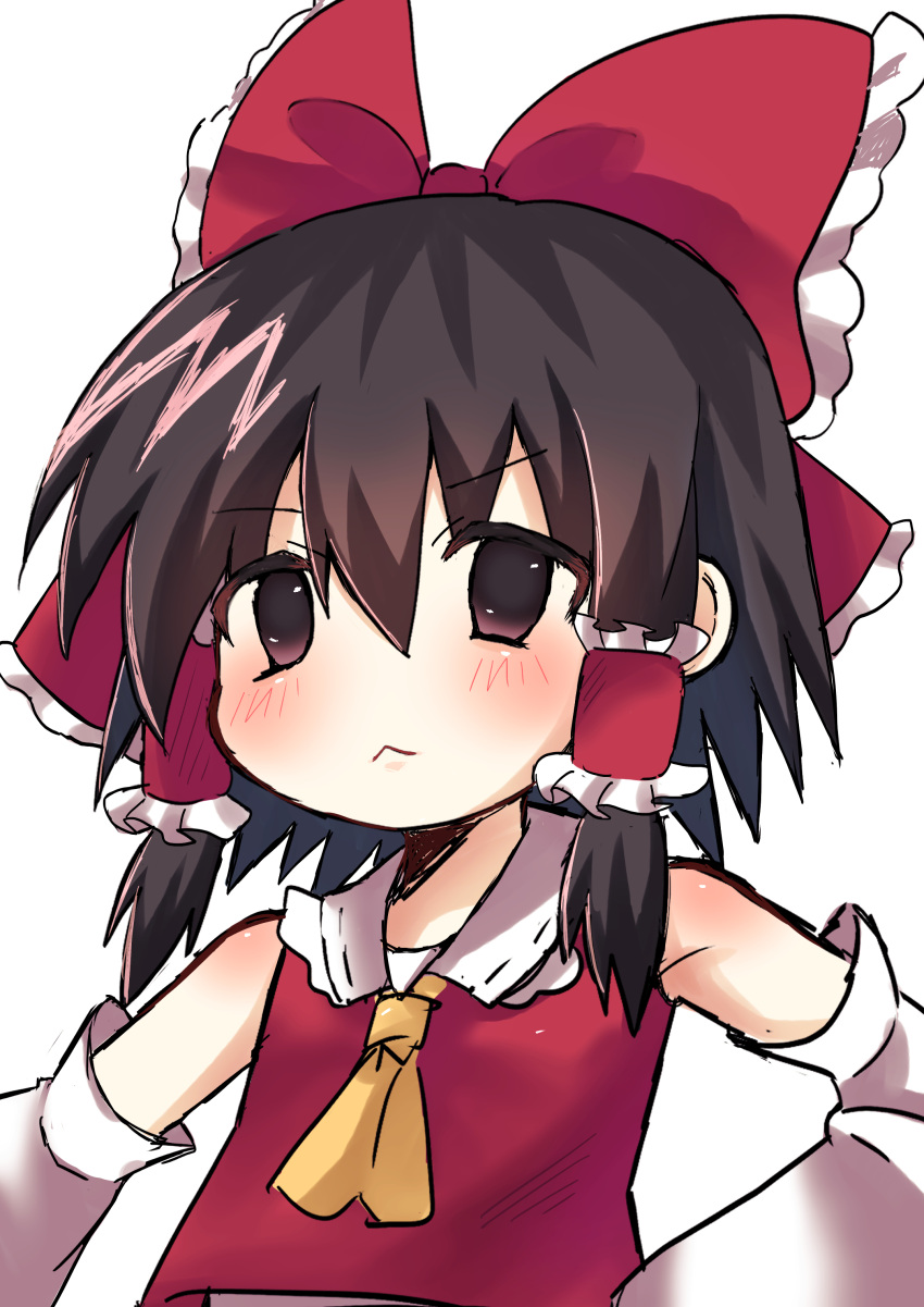 1girl, absurdres, ascot, blush, bow, brown_eyes, brown_hair, closed_mouth