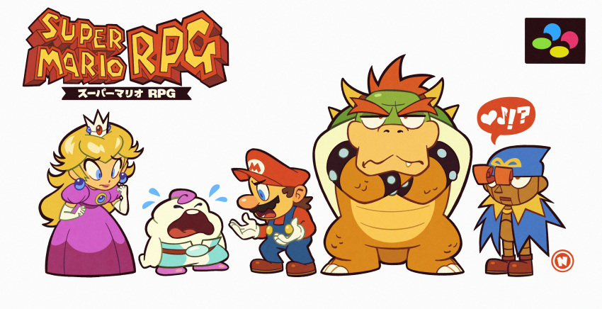 1girl, 4boys, absurdres, blonde_hair, blue_eyes, blue_overalls, bowser, brown_hair
