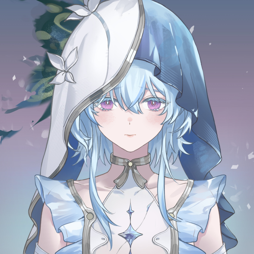 1girl, armlet, blue_veil, closed_mouth, collarbone, colored_eyelashes, commentary, gradient_background, hair_between_eyes, highres, jewelry, light_blush, long_hair, looking_at_viewer, portrait, solo, straight-on, symbol-only_commentary, tearing_up, the_shorekeeper_(wuthering_waves), two-tone_veil, veil, violet_eyes, white_veil, wuthering_waves, zhongyuanqing