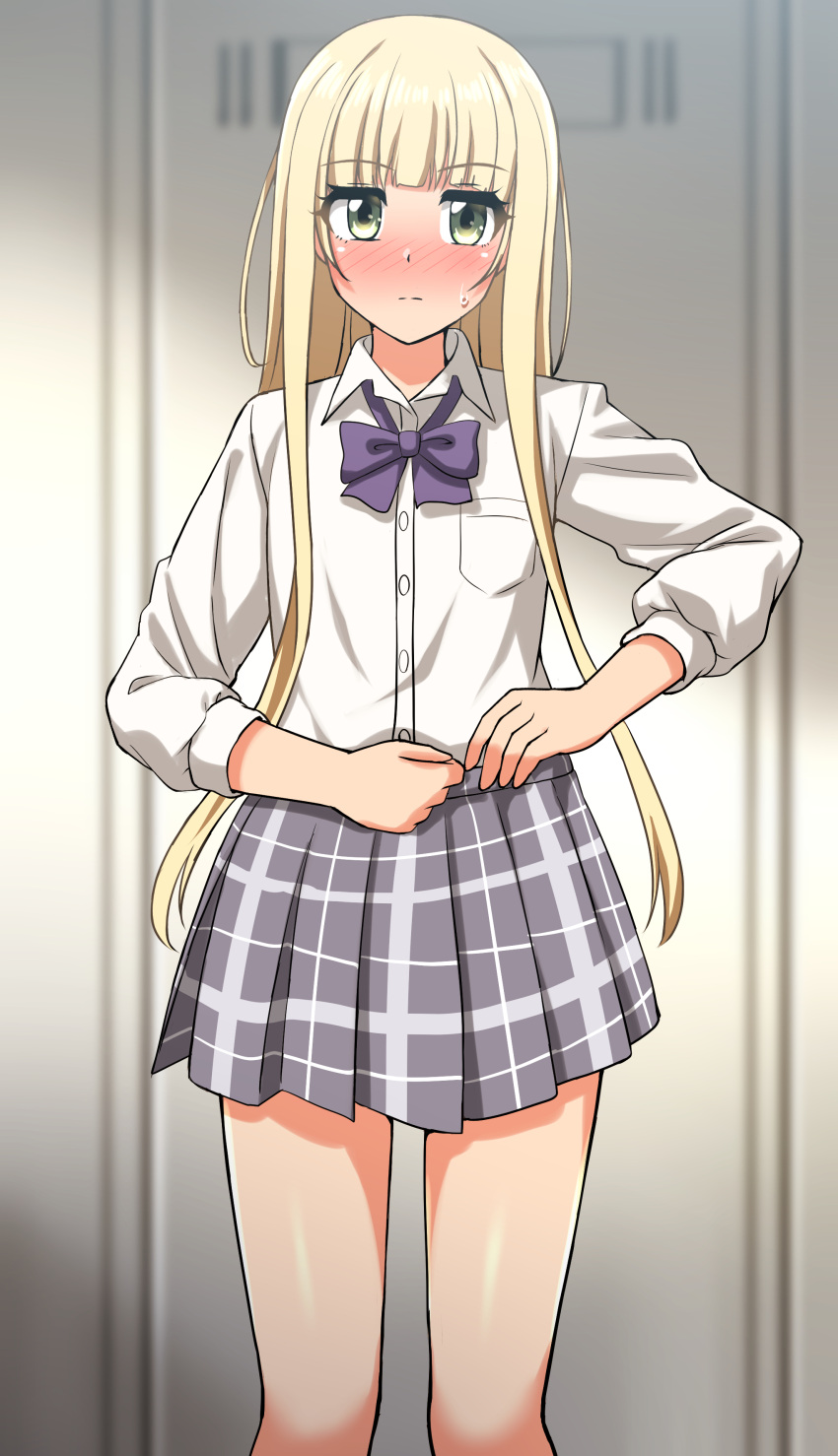 1girl, absurdres, adjusting_skirt, blonde_hair, blue_bow, blue_bowtie, blurry, blurry_background