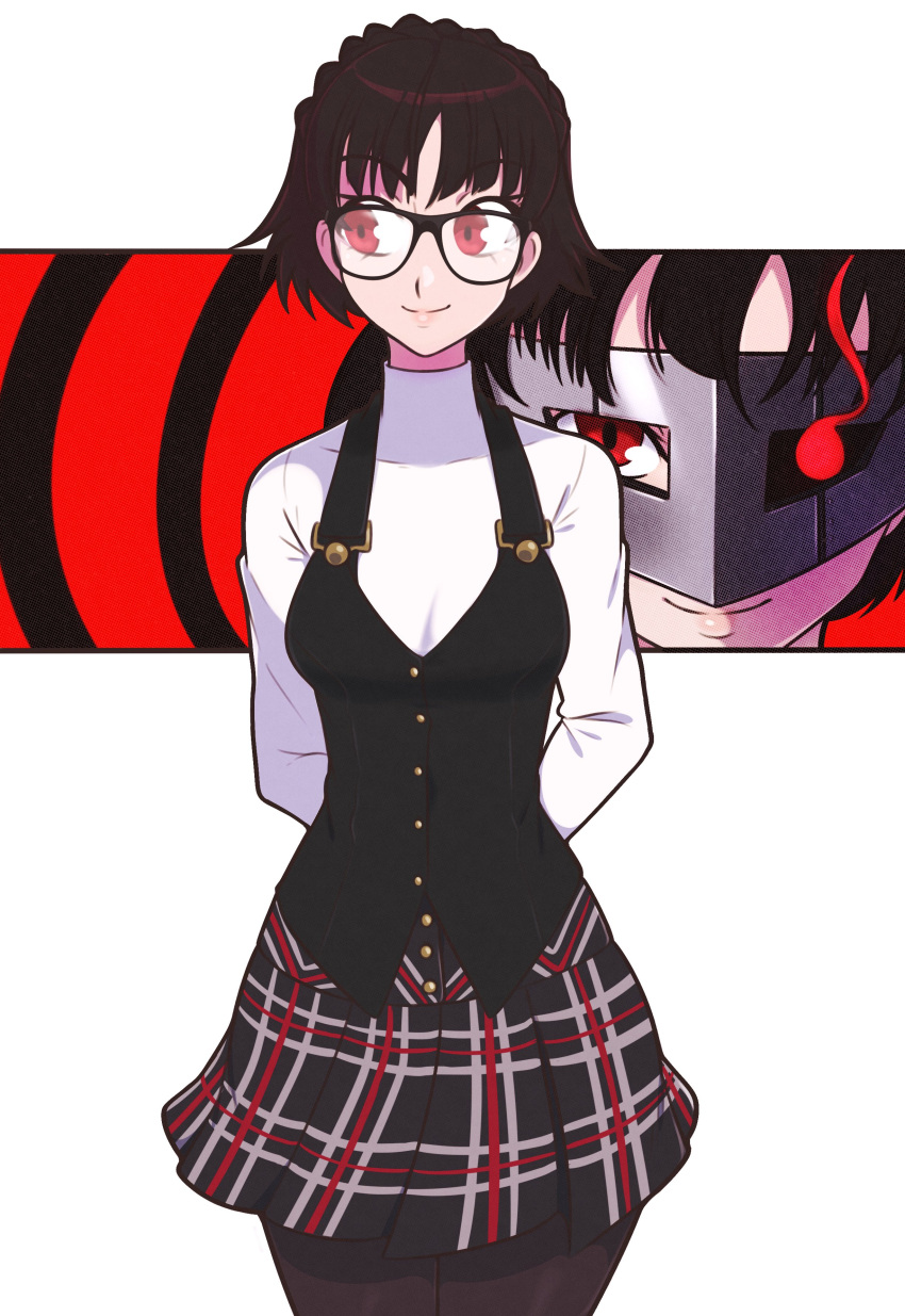 1girl, absurdres, arms_behind_back, black-framed_eyewear, braid, breasts, brown_hair, crown_braid, glasses, highres, jeff_miga, looking_to_the_side, medium_breasts, niijima_makoto, pantyhose, persona, persona_5, pleated_skirt, red_eyes, school_uniform, short_hair, shuujin_academy_school_uniform, simple_background, skirt, smile, solo, standing, steel_mask