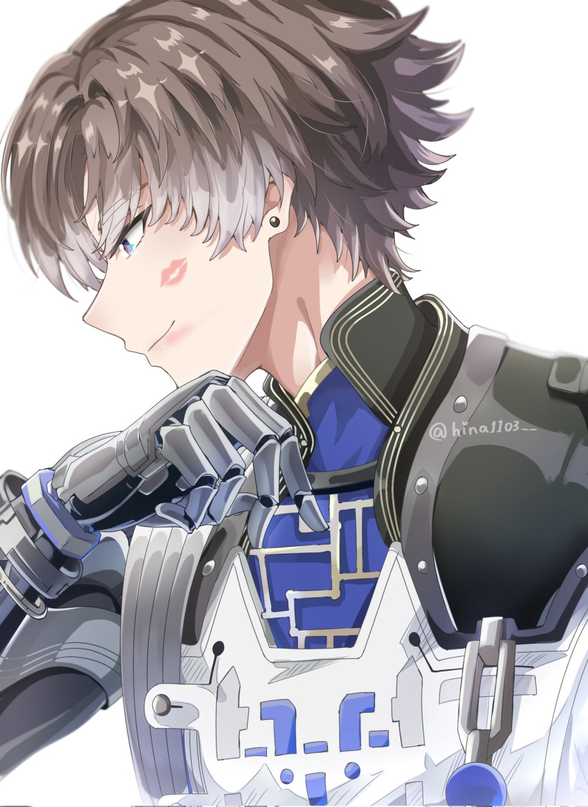 1boy, blue_eyes, blue_shirt, brown_hair, commentary, earrings, english_commentary, from_side, hand_up, highres, hina1103, jacket, jewelry, lipstick, lipstick_mark, lipstick_mark_on_face, looking_ahead, makeup, male_focus, mechanical_arms, mechanical_hands, profile, shirt, simple_background, smeared_lipstick, smile, smudge, solo, stud_earrings, twitter_username, upper_body, white_background, white_jacket, wuthering_waves, xiangli_yao