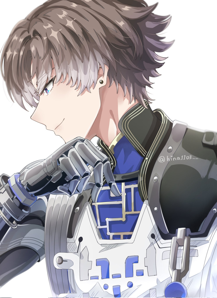 1boy, blue_eyes, blue_shirt, brown_hair, commentary, earrings, english_commentary, from_side, hand_up, highres, hina1103, jacket, jewelry, looking_ahead, male_focus, mechanical_arms, mechanical_hands, profile, shirt, simple_background, smile, solo, stud_earrings, twitter_username, upper_body, white_background, white_jacket, wuthering_waves, xiangli_yao