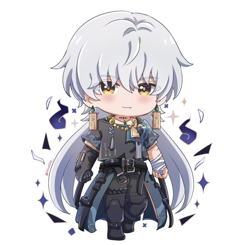 1boy, bandaged_arm, bandages, belt, black_belt, black_footwear, black_pants, black_shirt