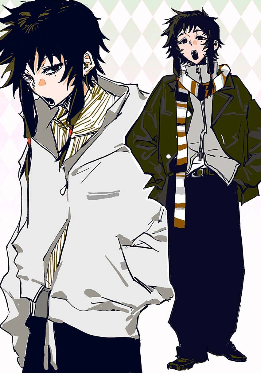 1boy, alternate_costume, argyle_background, bijiaoxihuantanxian, black_eyes, black_hair, black_pants, chinese_commentary