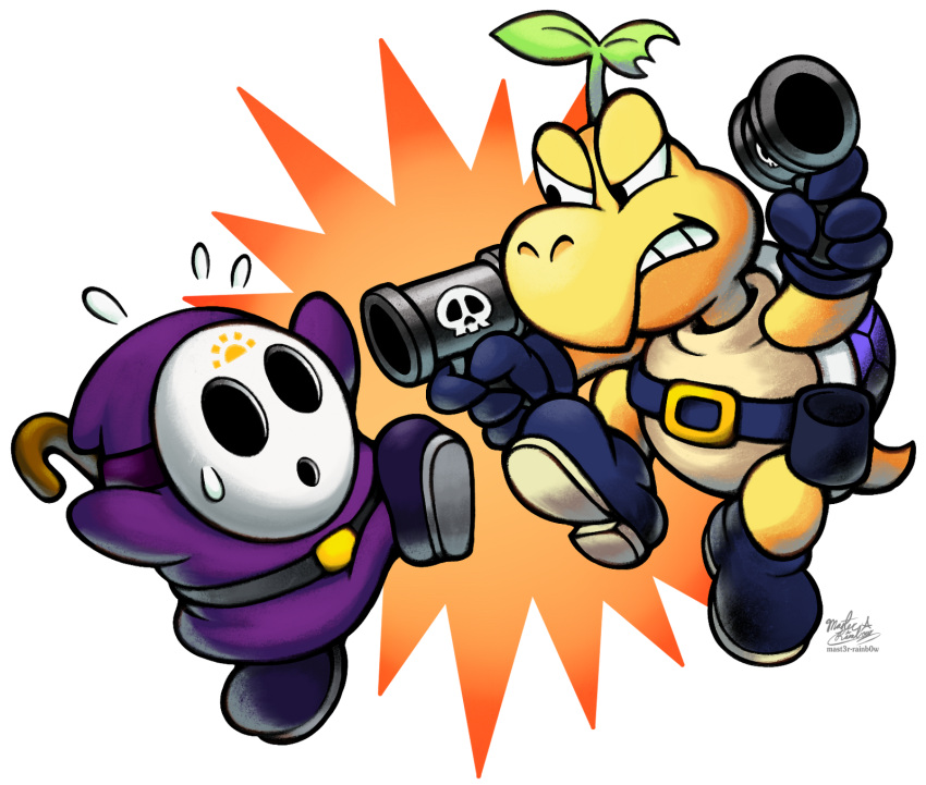 artist_name, belt, bill_blaster, clenched_teeth, commission, highres, holding, holding_weapon, koopa_troopa, mario_&amp;_luigi_rpg, mask, mast3r-rainb0w, original, shy_guy, signature, super_mario_bros., teeth, weapon, white_background