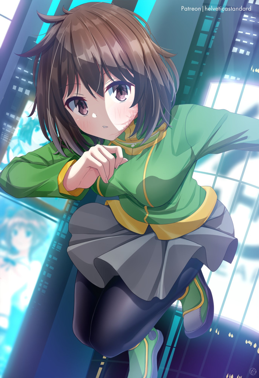 100_percent_orange_juice, 1girl, black_footwear, black_pantyhose, black_skirt, breasts, brown_eyes, brown_hair, green_footwear, green_shirt, helvetica_std, highres, long_sleeves, medium_breasts, medium_hair, miniskirt, open_mouth, pantyhose, parted_lips, pleated_skirt, puffy_sleeves, scar, sham_(orange_juice), shirt, skirt, solo