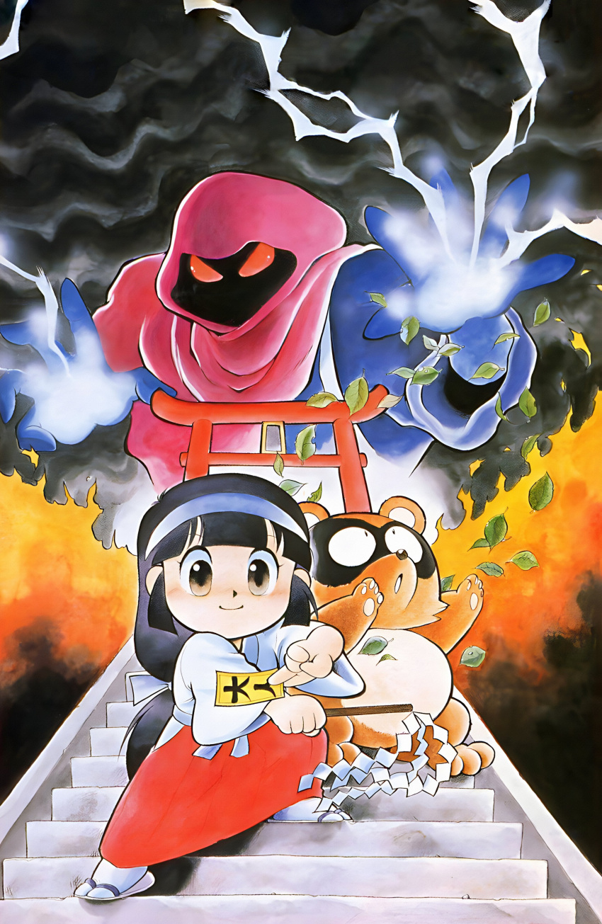 1girl, 2boys, abstract_background, absurdres, asari_yoshitoo, black_clouds, black_eyes, black_hair