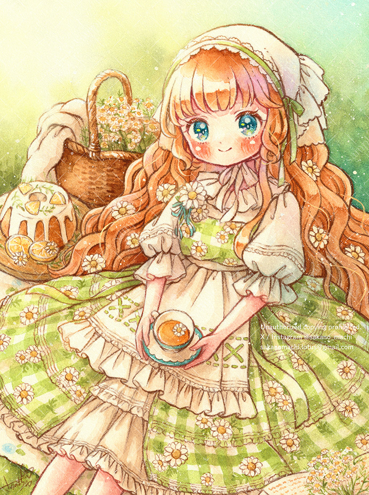 1girl, apron, basket, blush, bonnet, bundt_cake, cake, chamomile