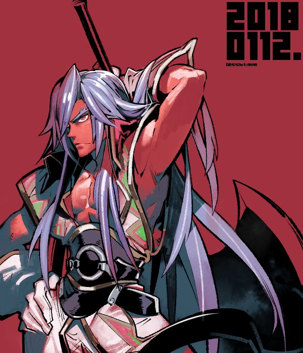 1boy, axe, blue_hair, brown_eyes, chrono_cross, closed_mouth, dated, gloves