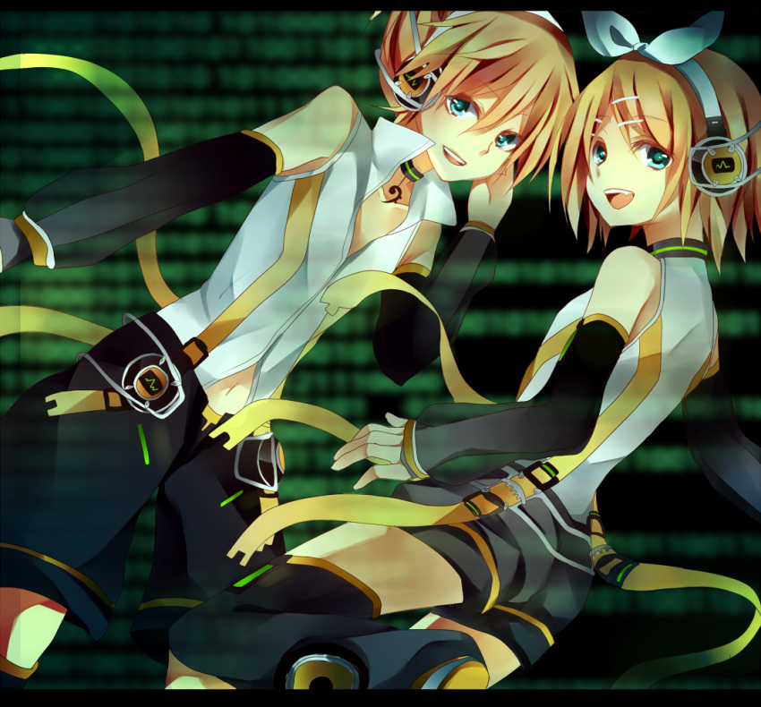arm_warmers, blonde_hair, brother_and_sister, detached_sleeves, hair_ornament, hair_ribbon, hairclip, headphones