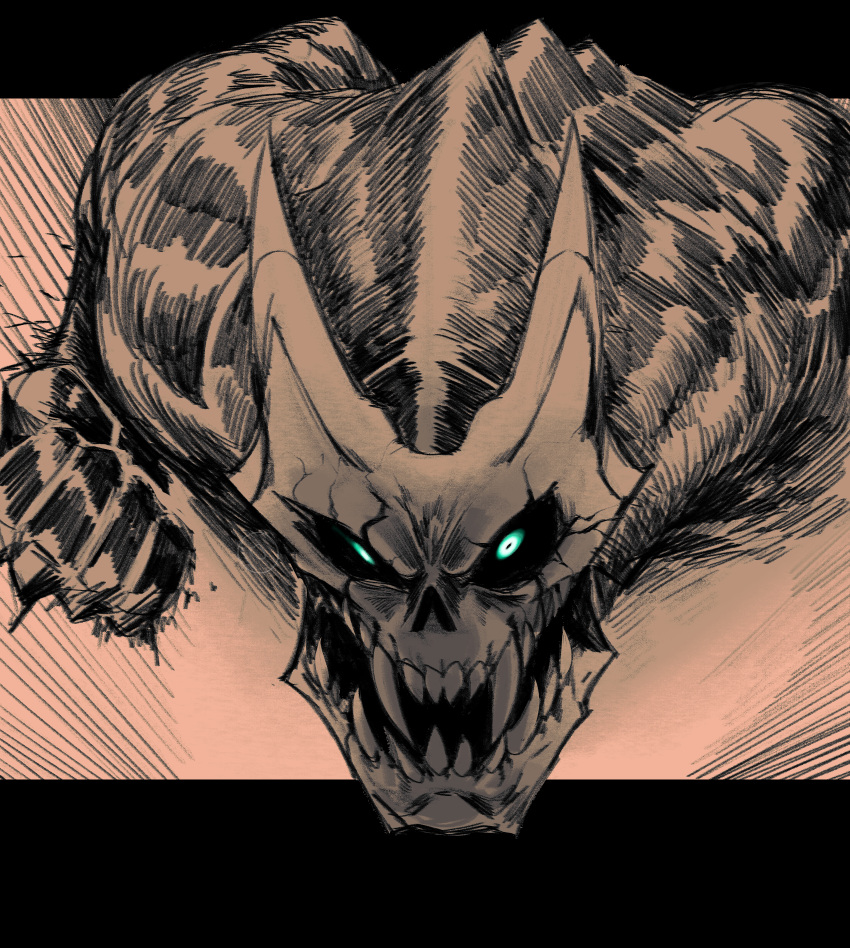 1boy, clenched_hand, english_commentary, green_eyes, hibino_kafka, hibino_kafka_(kaiju_form), highres, horns