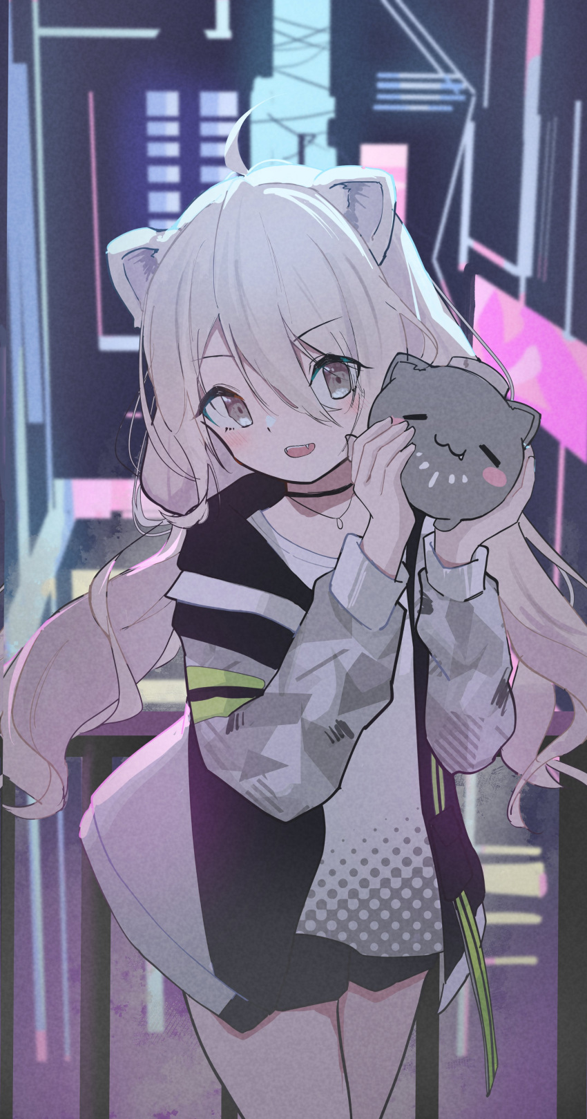 1girl, 1other, absurdres, ahoge, animal, animal_ears, black_jacket, black_shorts