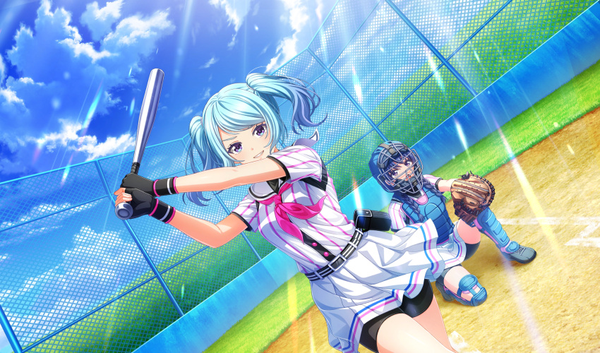 2girls, asymmetrical_bangs, baseball, baseball_bat, baseball_mitt, baseball_stadium, baseball_uniform, belt