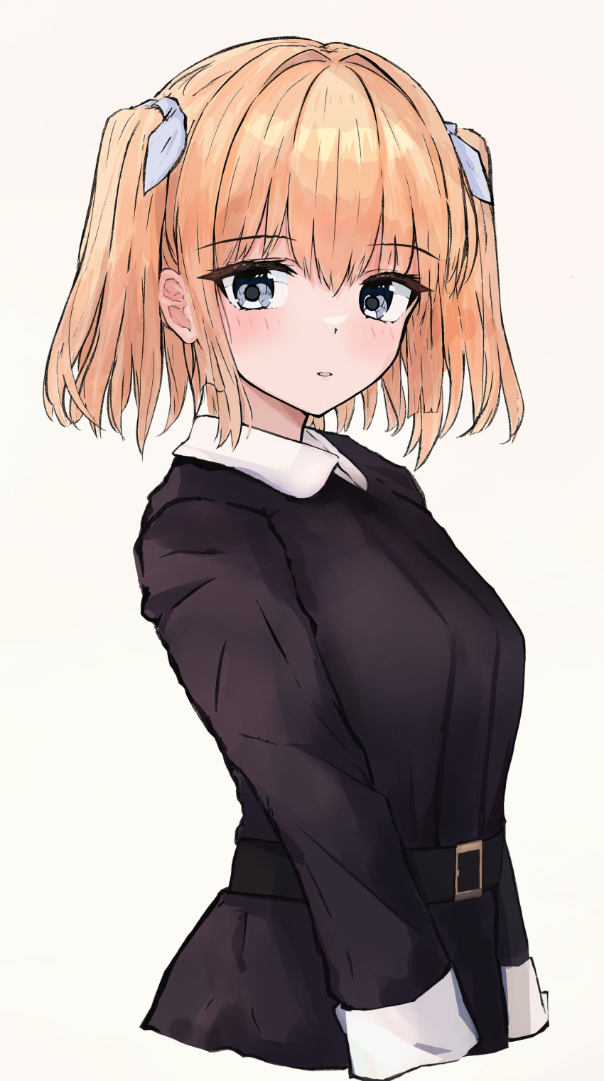 1girl, absurdres, belt, black_belt, black_jacket, blonde_hair, blush, commentary, eyes_visible_through_hair, from_side, grey_eyes, hair_between_eyes, hair_ribbon, highres, jacket, long_sleeves, looking_at_viewer, medium_hair, okamic, onda_nei, parted_lips, ribbon, sakura_no_toki, sidelocks, simple_background, solo, tsurime, two_side_up, upper_body, white_background, white_ribbon