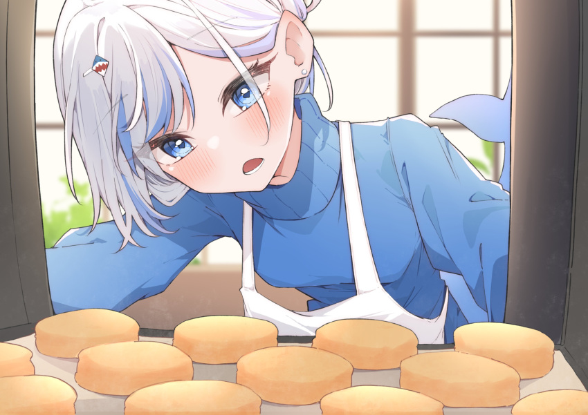 1girl, absurdres, airenif, alternate_costume, apron, blue_eyes, blue_hair, blue_sweater