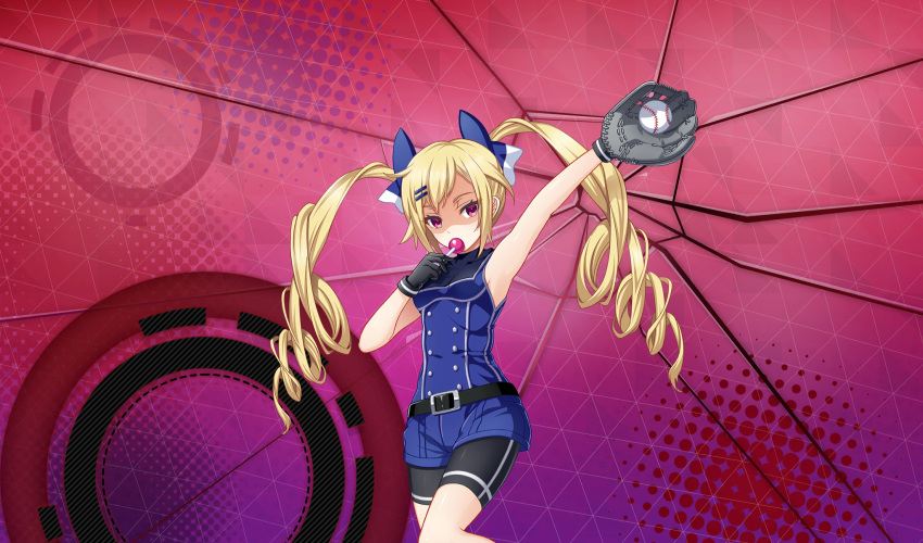1girl, arm_up, ball, baseball_(object), baseball_mitt, belt, belt_buckle, bike_shorts