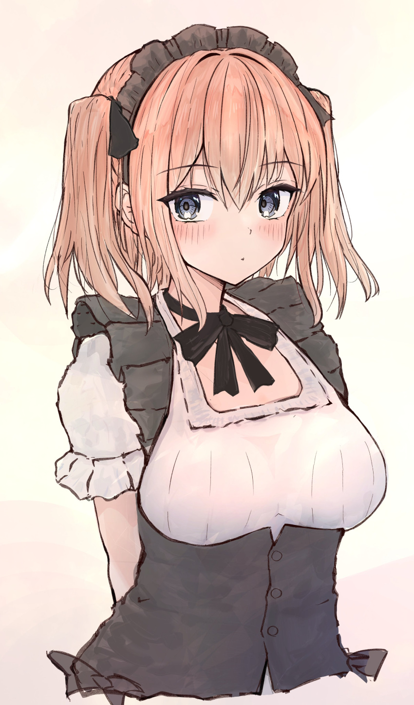 1girl, absurdres, alternate_costume, apron, arms_behind_back, black_apron, black_ribbon, blonde_hair