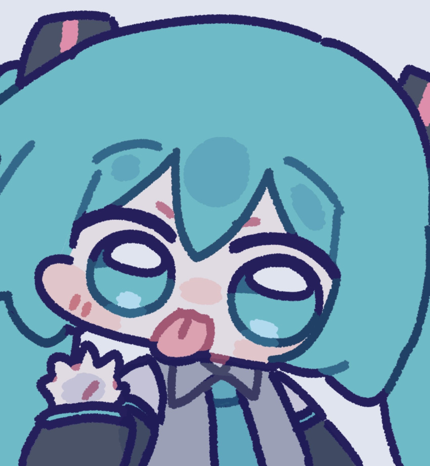 1girl, :3, blue_eyes, blue_hair, blush_stickers, chibi, commentary, detached_sleeves, hair_ornament, hatsune_miku, highres, long_sleeves, looking_at_viewer, miratsu_(miratsu169), necktie, shirt, sleeveless, sleeveless_shirt, smile, solo, tongue, tongue_out, twintails, vocaloid