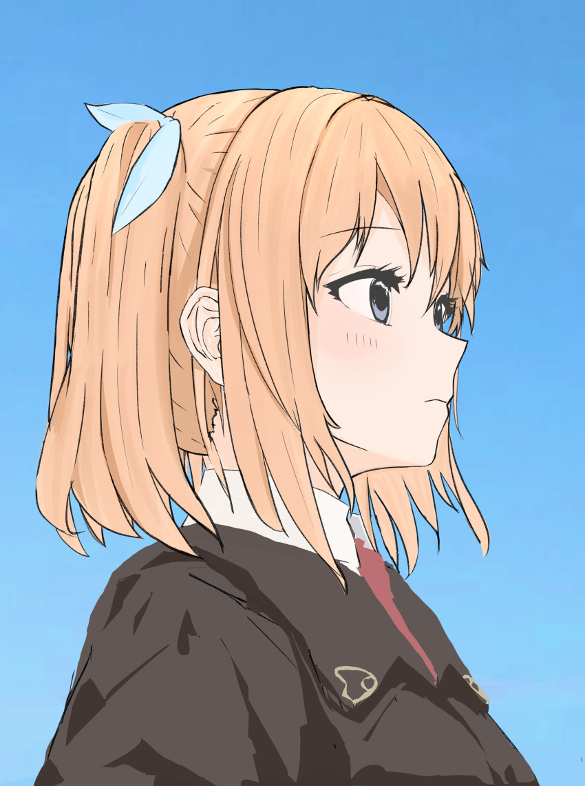 1girl, absurdres, black_jacket, blonde_hair, blue_background, blue_ribbon, blush, close-up