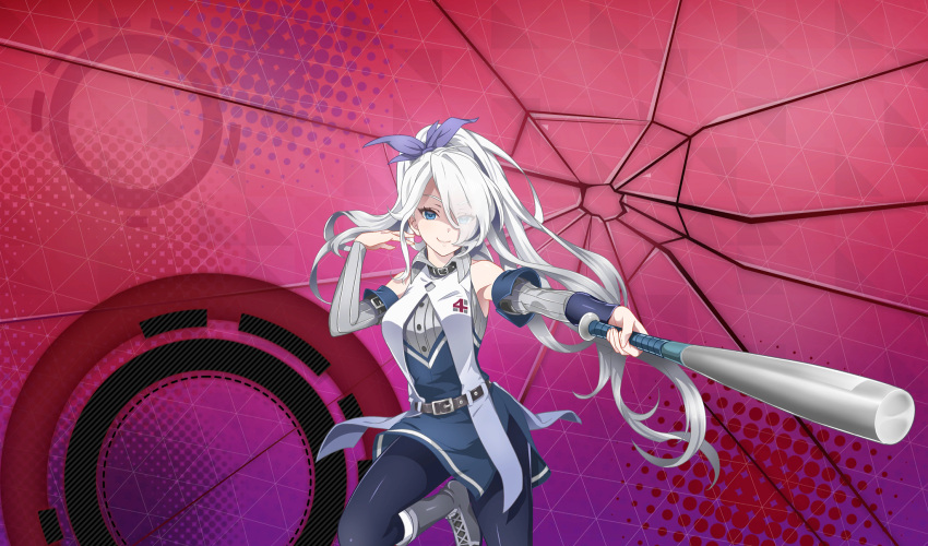 baseball_bat, baseball_uniform, belt, belt_buckle, black_belt, black_pantyhose, blue_eyes, boots, bow, buckle, cinderella_series, closed_mouth, detached_sleeves, dress, empty_eyes, eyes_visible_through_hair, game_cg, grey_footwear, hachigatsu_no_cinderella_nine, hair_bow, hair_over_one_eye, hand_in_own_hair, high_ponytail, highres, holding, holding_baseball_bat, kusakari_rena, leg_up, long_hair, looking_at_viewer, metal_baseball_bat, multicolored_clothes, multicolored_dress, non-web_source, official_art, one_eye_covered, pantyhose, purple_bow, red_background, shaded_face, sleeveless, sleeveless_dress, smile, sportswear, standing, standing_on_one_leg, white_hair