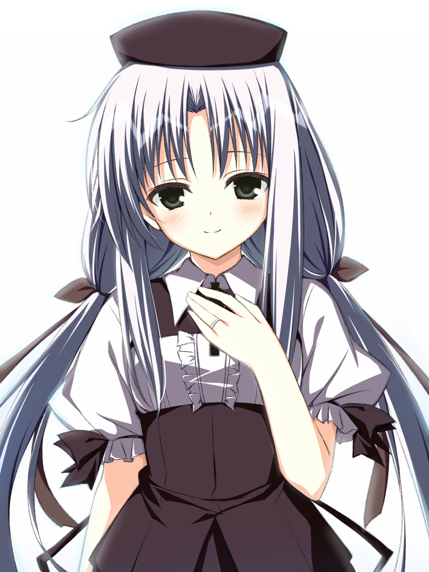1girl, arm_at_side, asagi_nanami, beret, black_bow, black_dress, black_hat, black_ribbon