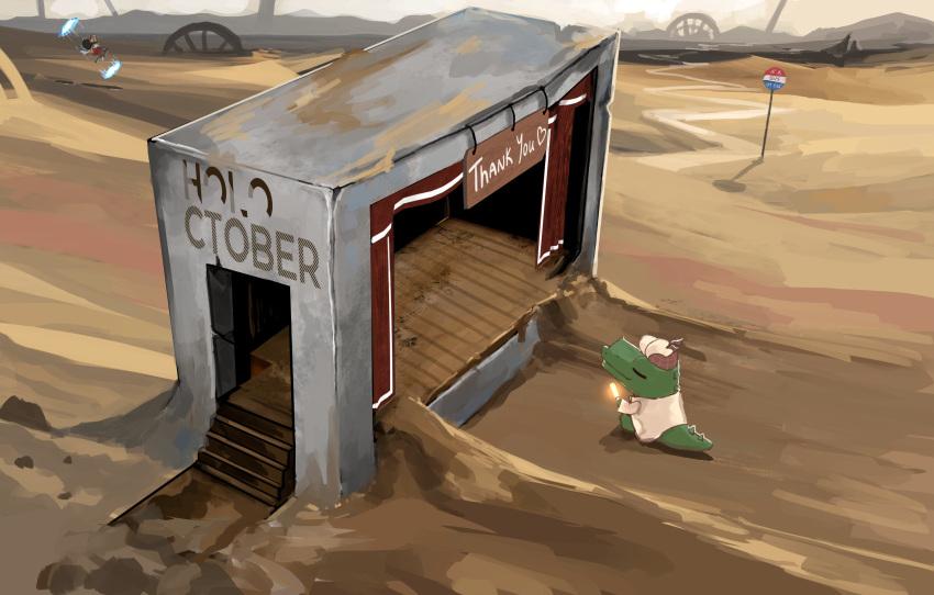 1girl, absurdres, advarcher, alligator, brown_hair, brown_jacket, bus_stop, bus_stop_sign