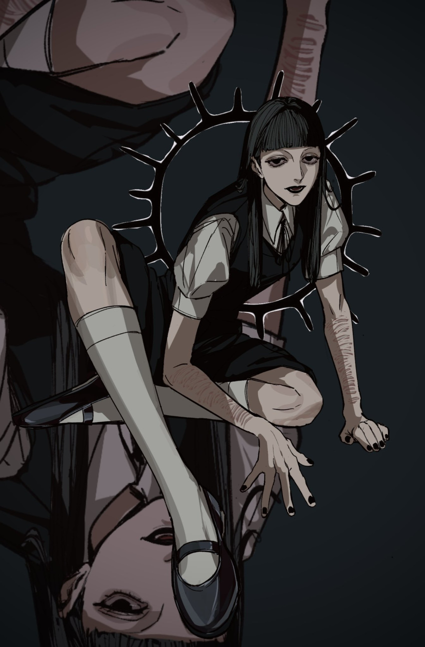1girl, amikoiiko, arm_support, black_dress, black_hair, black_lips, black_nails, blunt_bangs