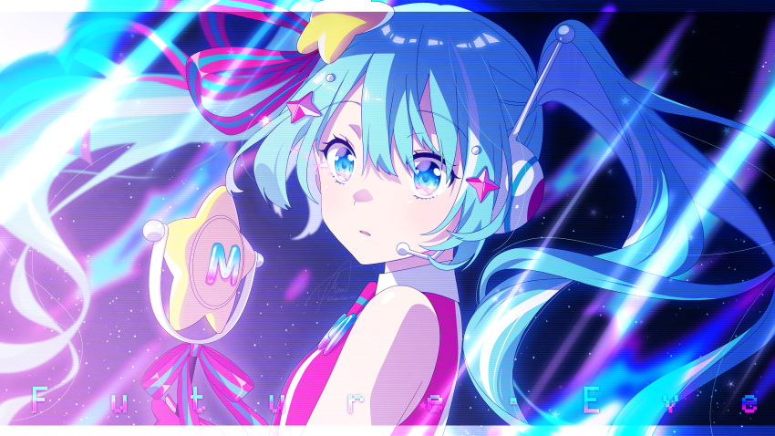 1girl, asagao_minoru, blue_eyes, blue_hair, collared_dress, dress, eyelashes, future_eve_(vocaloid)