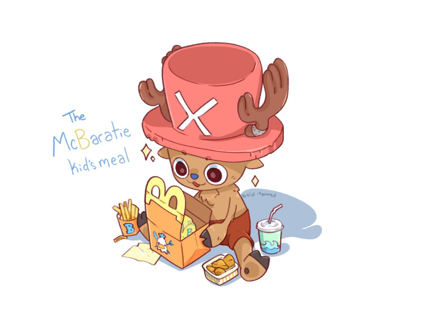 1boy, antlers, artistsquared, box, brown_eyes, chicken_nuggets, cup, food