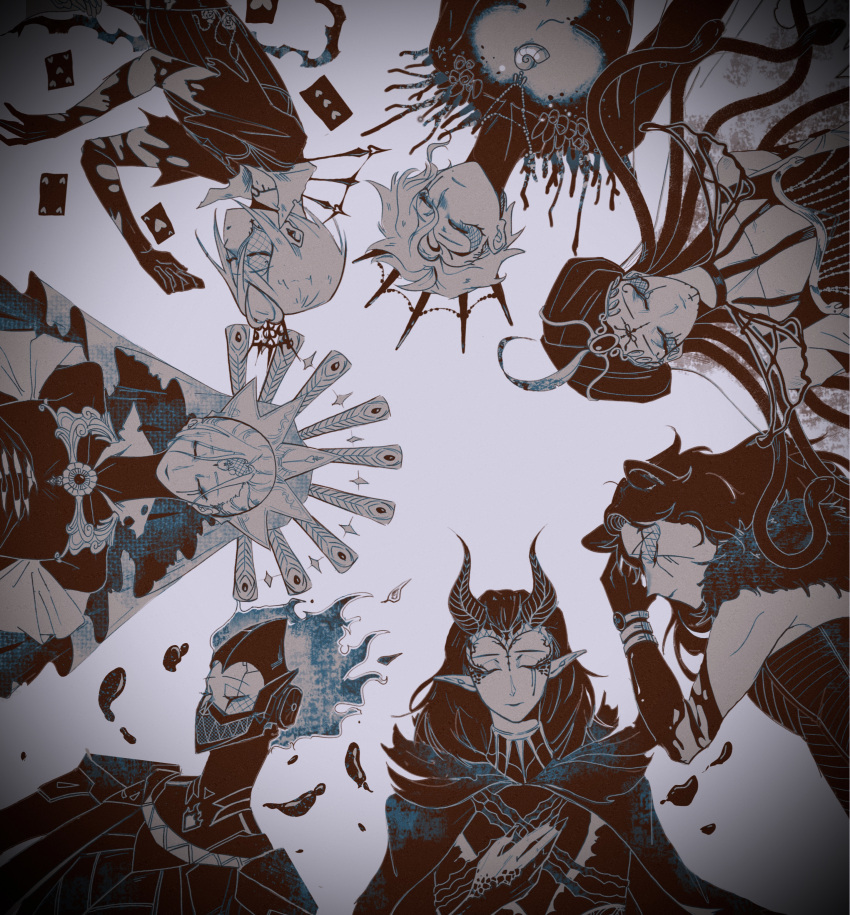 6+boys, absurdres, animal_ears, azul_ashengrotto, card, cloak, closed_eyes, commentary_request