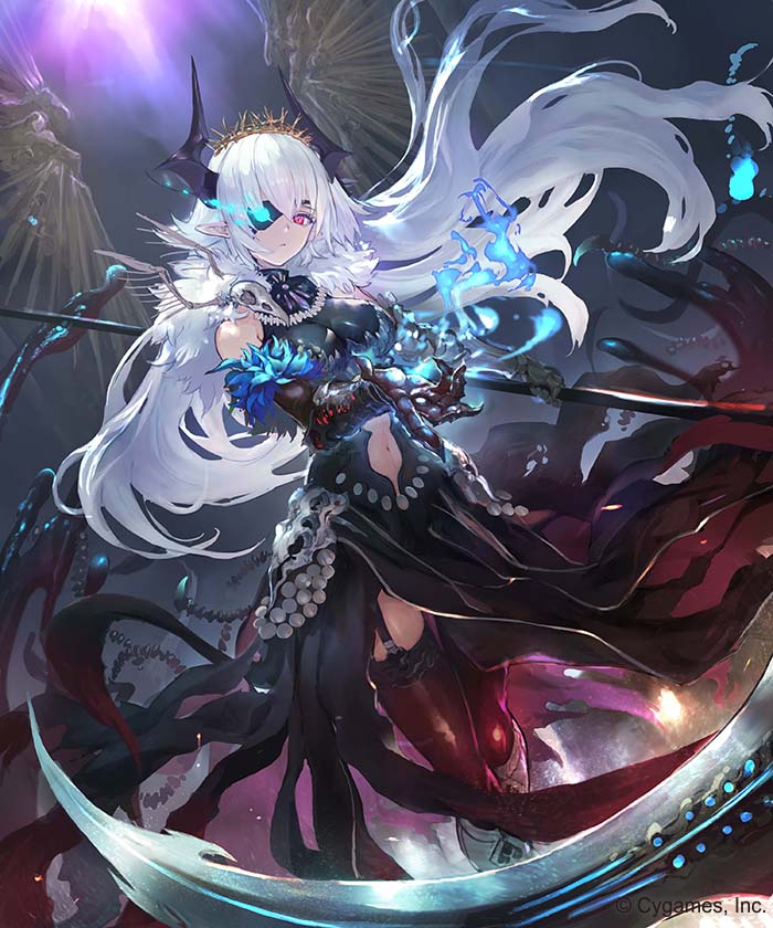 1girl, black_dress, blue_fire, clothing_cutout, crown, demon_horns, departed_soultaker_(shadowverse), dress, eyepatch, fire, floating_hair, fur_trim, garter_straps, gauntlets, holding, holding_scythe, holding_weapon, horns, long_dress, long_hair, looking_at_viewer, navel, navel_cutout, official_art, one_eye_covered, pointy_ears, ponzu_(catponz), red_eyes, scythe, shadowverse, skull_ornament, sleeveless, sleeveless_dress, solo, thigh-highs, torn_clothes, torn_dress, weapon, white_hair